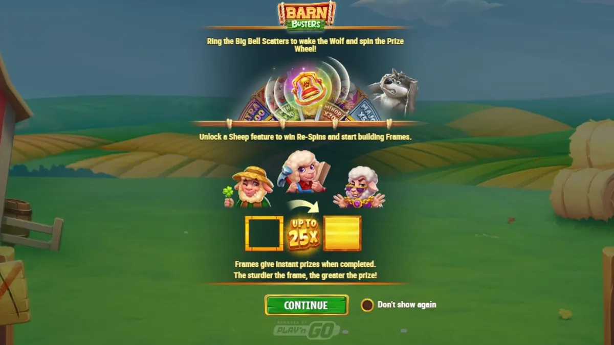 Cenário rural do slot Barn Busters com o celeiro e o lobo