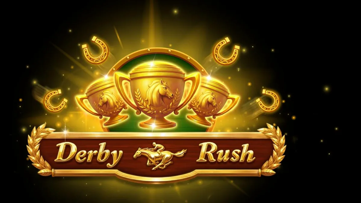 Interface do jogo de slot Derby Rush com tema de corrida de cavalos.