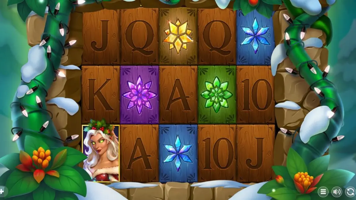 Cenário festivo e nevado do slot Holly com rolos de madeira esculpida